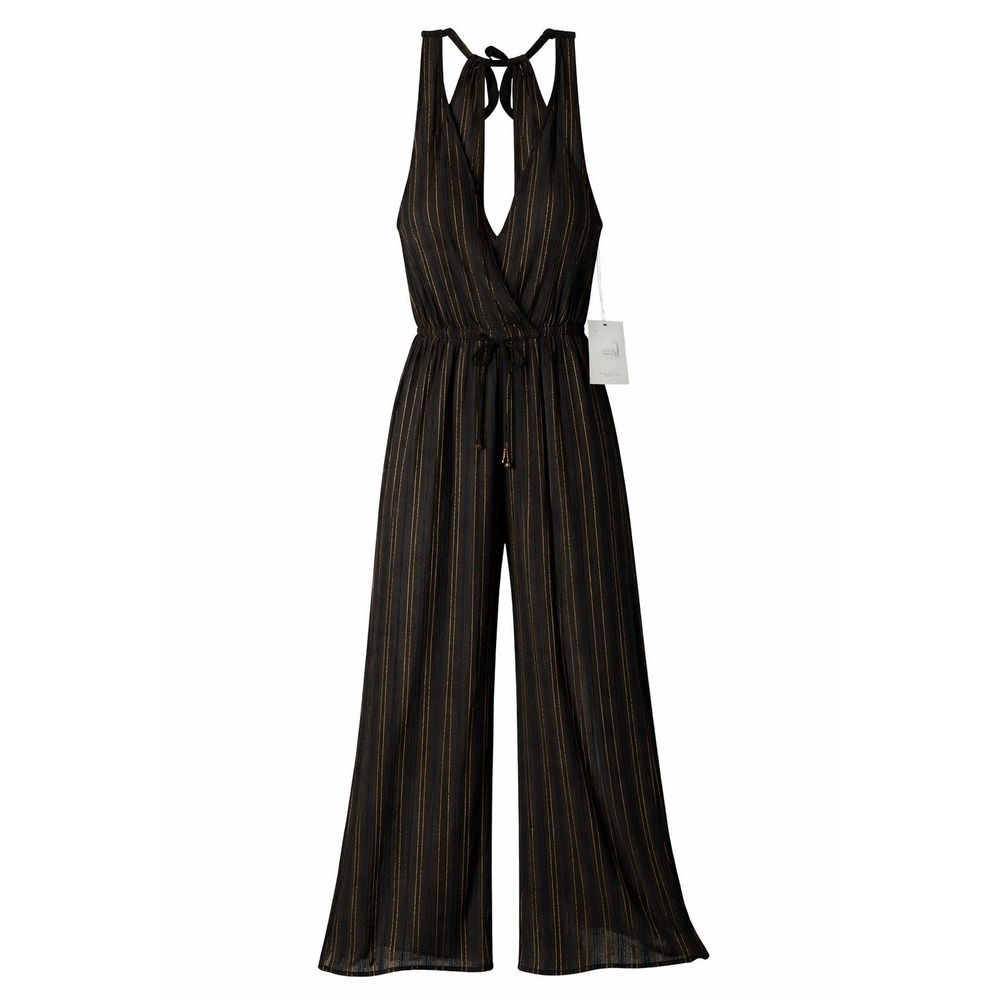 La Blanca Black Gold Stripe Halter Wide Leg Resort Jumpsuit Cover Up NWT - Picture 2 of 13